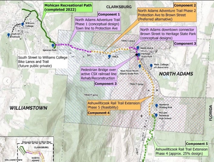 A map of North Adams highlighting 5 trail segments that would connect an existing trail in Williamstown (upper left) through downtown North Adams (upper center) to the existing Ashuwillticook Trail in Adams (lower right).