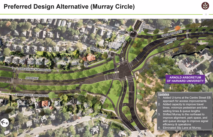 An illustration of a wide multi-lane intersection surrounded by strips of parkland and dense residential neighborhoods.