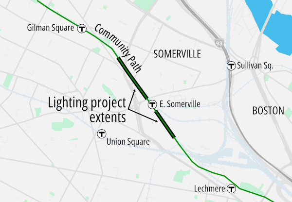 A map of East Somerville highlighting two segments of the Community Path on either side of the East Somerville T station.