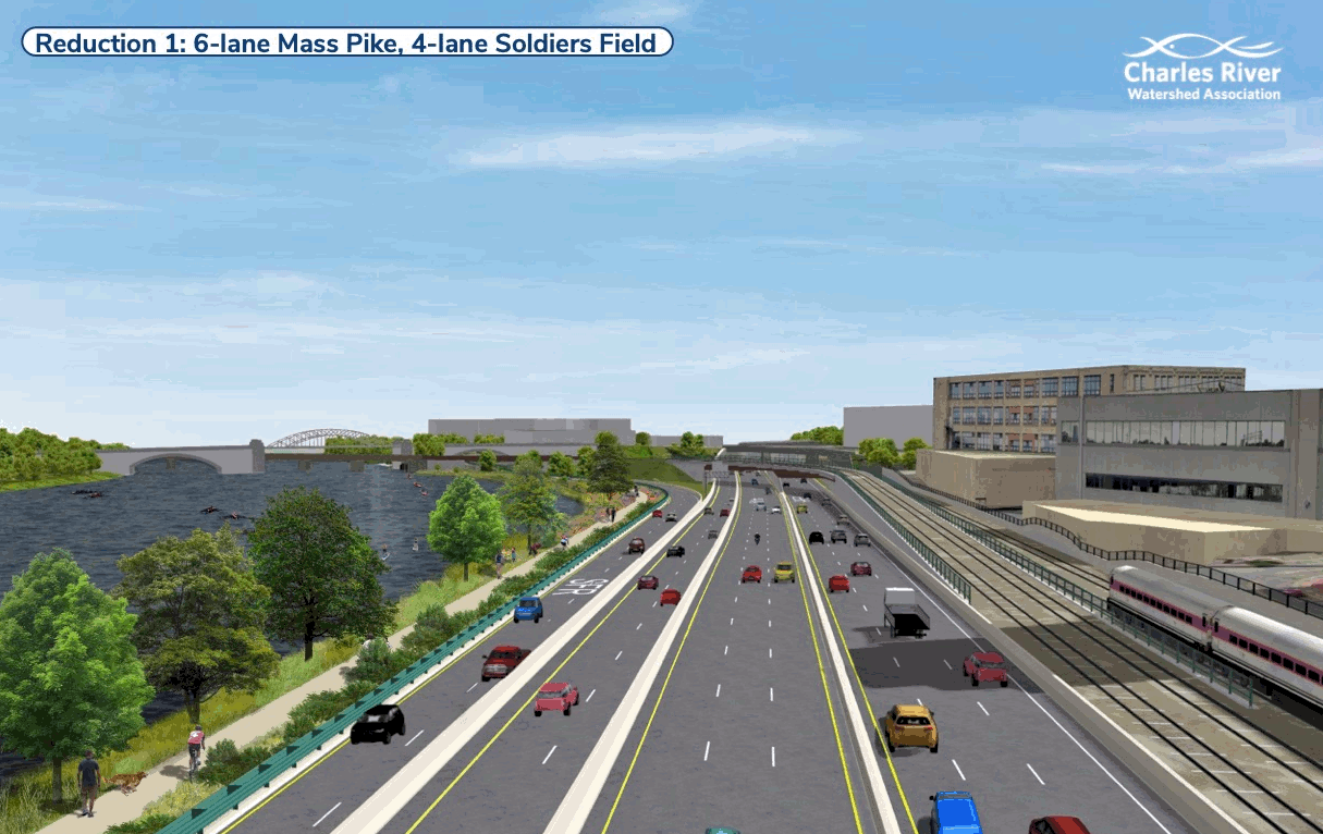 An animated GIF rendering of different highway configurations along a riverbank park (left) and a railroad (right). In one frame, labelled "original proposed rendering," the landscape is dominated by a 12-lane highway, with little greenery. The next frame, labelled "6-lane Mass. Pike, 4-lane Soldiers Field Road", shows an alternative with two fewer highway lanes and some trees and a bike path along the riverbank. The third frame, labelled "6-lane Mass. Pike, 2-lane Soldiers Field Road", shows even more trees and green space along the riverbanks.