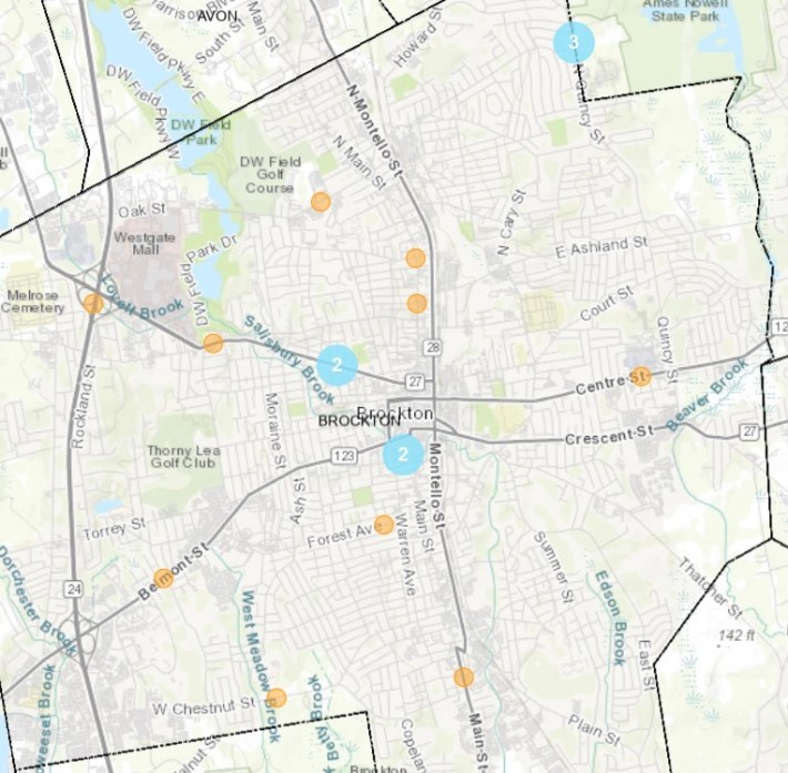 A map of Brockton highlighting fatal crash sites, which are generally clustered near the city center on Main Street and Pleasant Street, with a cluster of 3 fatal crashes in the NE corner of the city along N. Quincy St.