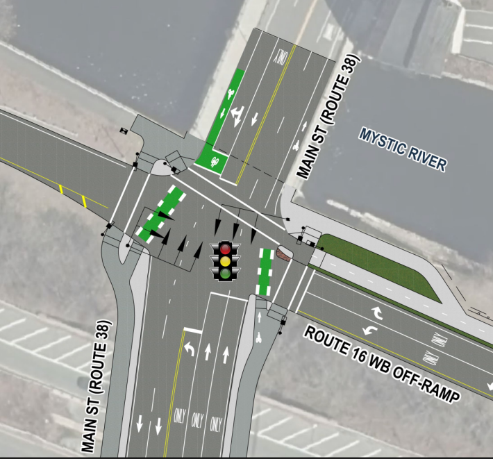 A diagram of a four-way intersection seen from above, with streets labelled "Main Street" running vertically and "Route 16 WB Ramp" running horizontally