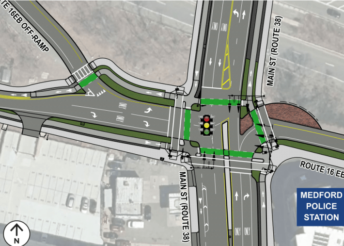 A diagram of a multi-lane four-way intersection seen from above, with streets labelled "South Street" entering the intersection from the left, "Route 16 EB Ramp" exiting the intersection to the right, and the central roadway running from top to bottom is labelled "Main Street". In the center is a traffic light icon. A grid of crosswalks and bike lanes forms a box around the traffic light icon, and gray lines on either side of Main Street indicate proposed protected bike lanes between the roadway and the sidewalk.