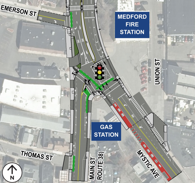 An diagram of an intersection shaped like an upside-down Y. A street labelled Main Street runs vertically through the center of the image, and a street with a red painted bus lane labelled Mystic Ave. enters from the lower left corner and meets Main Street in the center, where there is a traffic light icon.