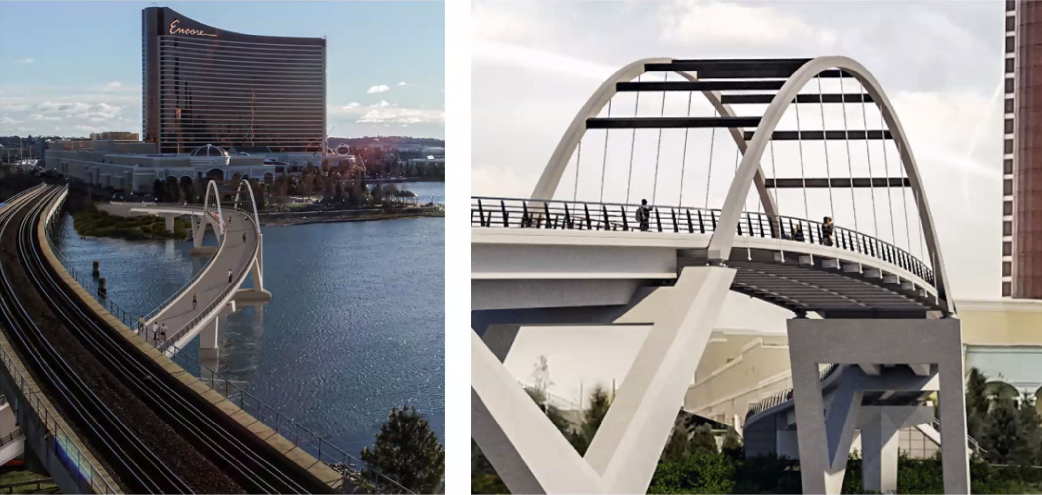 A side by side architect's rendering shows a bridge crossing a river. The illustration of the new bridge, on the left, shows two curved bridges in front of a glassy high-rise building. The second rendering, on the right, shows a close-up of the arched bridge.