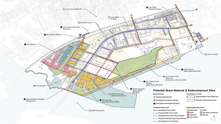 A sketch of Lynn's South Harbor plan, showing a grid of new streets and boxes representing new development