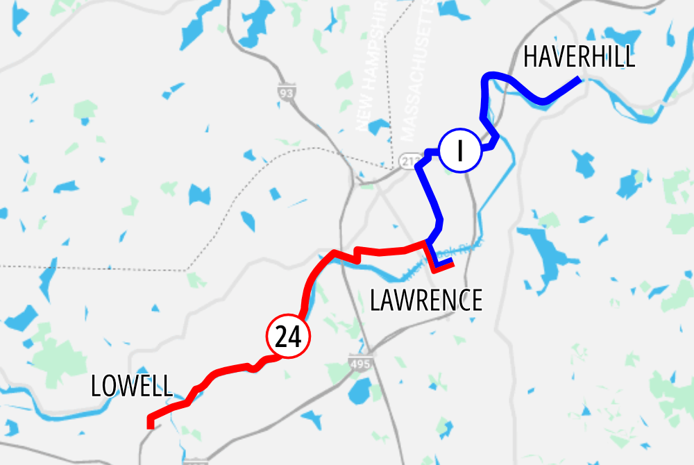 A regional locator map showing northeastern Massachusetts with Lowell in the lower left and Haverhill in the upper right and Lawrence in the center. A red line labelled 24 indicates a bus route connecting Lowell to Lawrence and a blue line labelled with a 1 indicates a bus route from Lawrence to Haverhill.