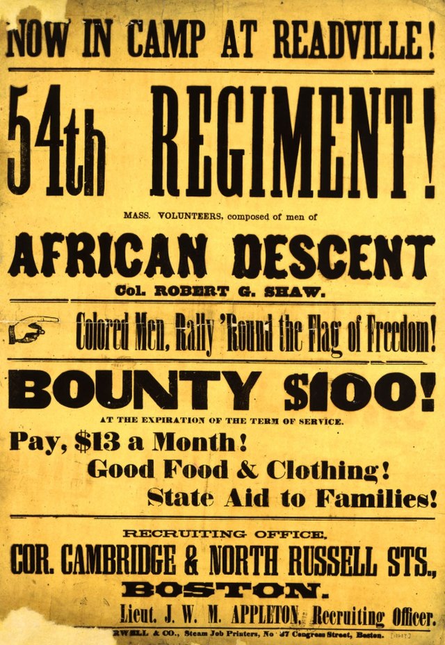 A yellow Civil War-era recruiting poster urging men of "African Descent" to join the 54th Massachusetts Regiment, promising pay, food, clothing, and state aid to families.