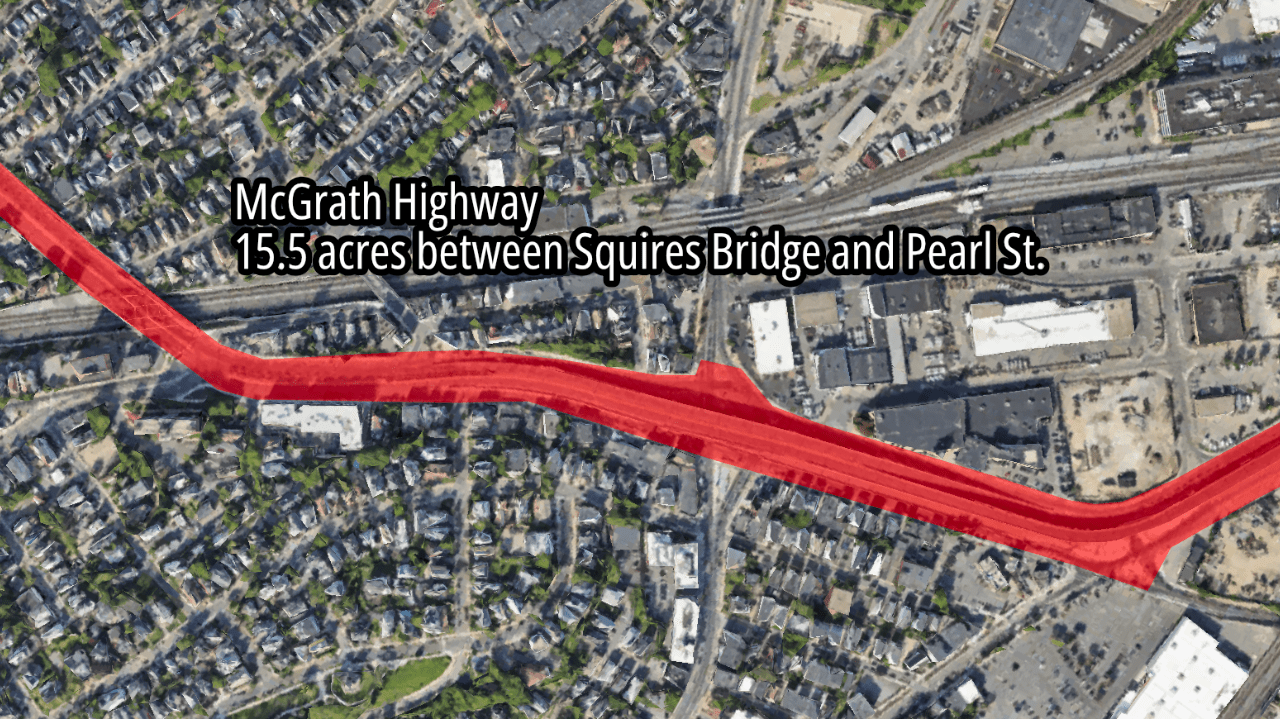 A satellite view of McGrath Highway in East Somerville highlighting the 15.5-acre footprint of the roadway in red.