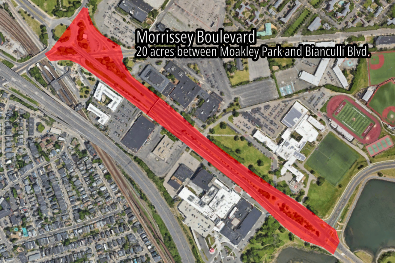 A satellite view of Morrissey Boulevard in South Boston, with Kosciuszko Circle in the upper left and Dorchester Bay in the lower right, highlighting the 20-acre footprint of the roadway in red.