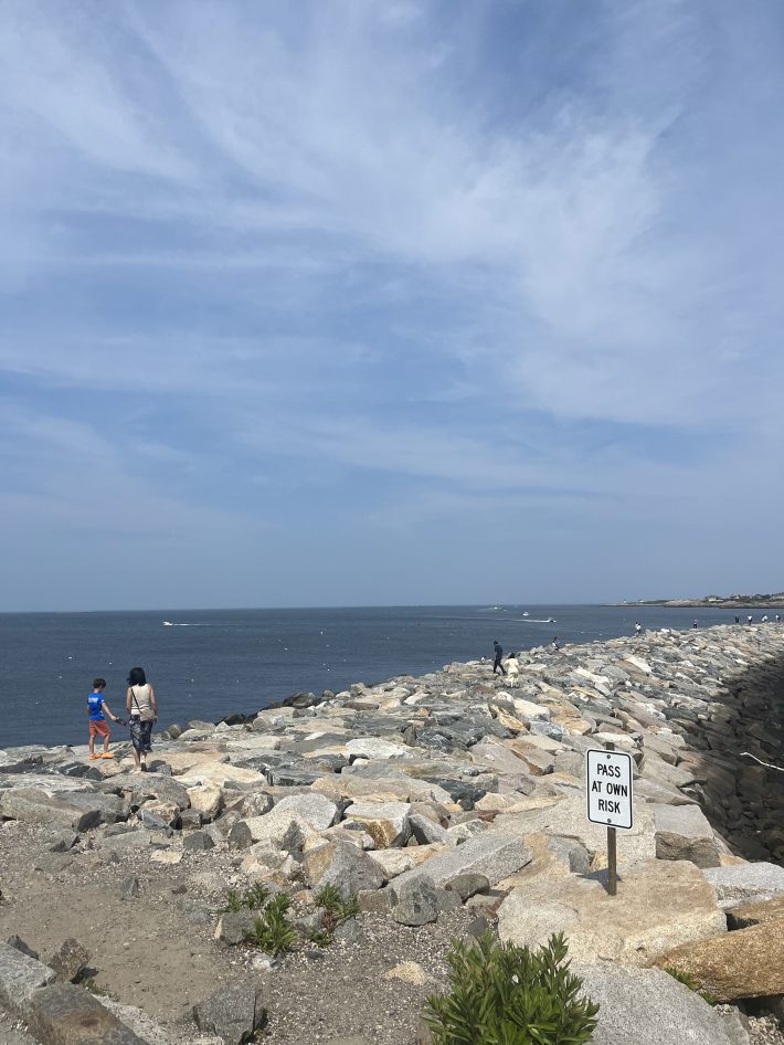 A rocky path curving into the ocean, with a "Pass at Own Risk" sign and people walking along on the rocks with a few clouds in the sky above.