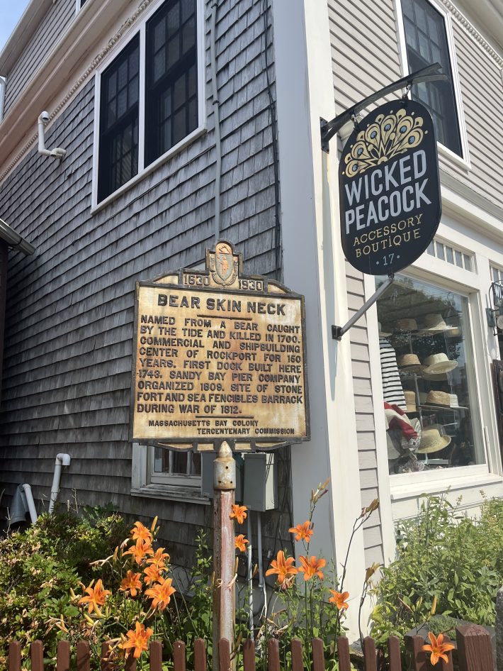 A historical marker reading “Bear Skin Neck,” beside a boutique sign for “Wicked Peacock" and orange lilies.