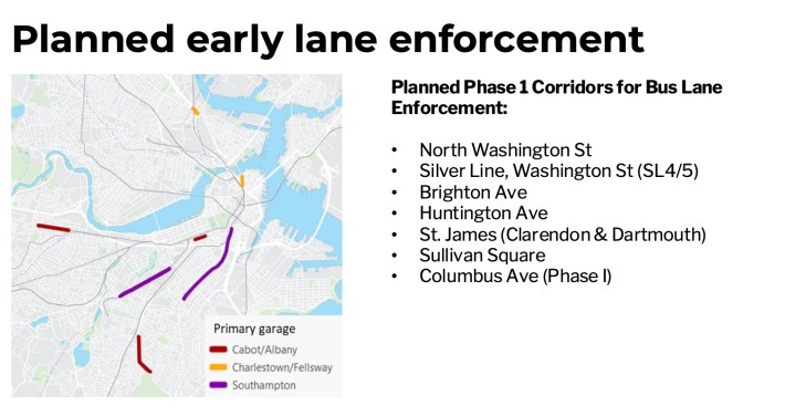A map of bus lanes in Boston under the heading "planned early lane enforcement." A bulleted list to the side lists North Washington Street, Silver Line (Washington Street), Brighton Ave., Huntington Ave., St. James (Clarendon and Dartmouth), Sullivan Square, and Columbus Ave.