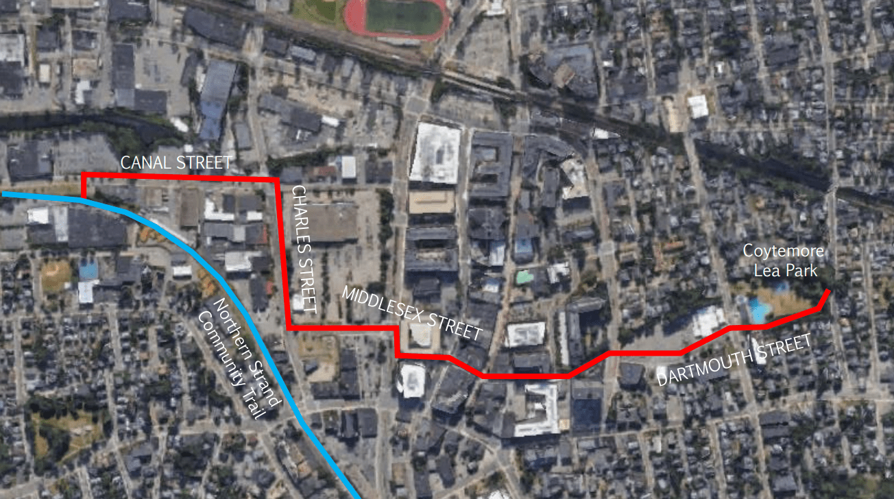 A satellite image showing a red line marking the proposed Greenway route running from Coytemore Lea Park down Dartmouth, Middlesex, and Charles Streets, ending at Canal Street, with a blue line marking the Northern Strand Trail.