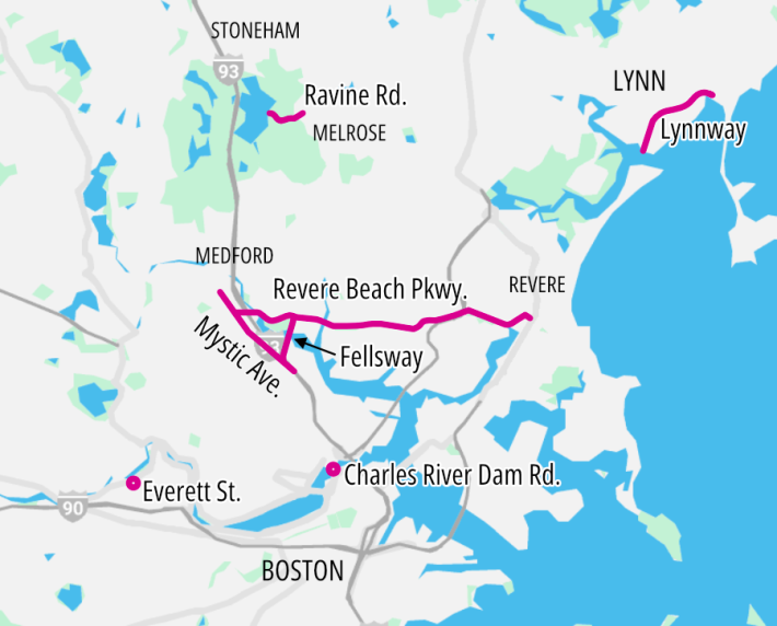 A map of the cities north of Boston, with Boston Harbor on the right, highlighting in pink 7 roadways: Everett St. and Charles River Dam Rd. near the Charles River in Boston (lower edge), Mystic Ave., Fellsway, and Revere Beach Parkway, which form a triangle in the center of the map around the Mystic River, the Lynnway in Lynn at upper right, and Ravine Road in Stoneham and Melrose, at the upper center edge of the map.