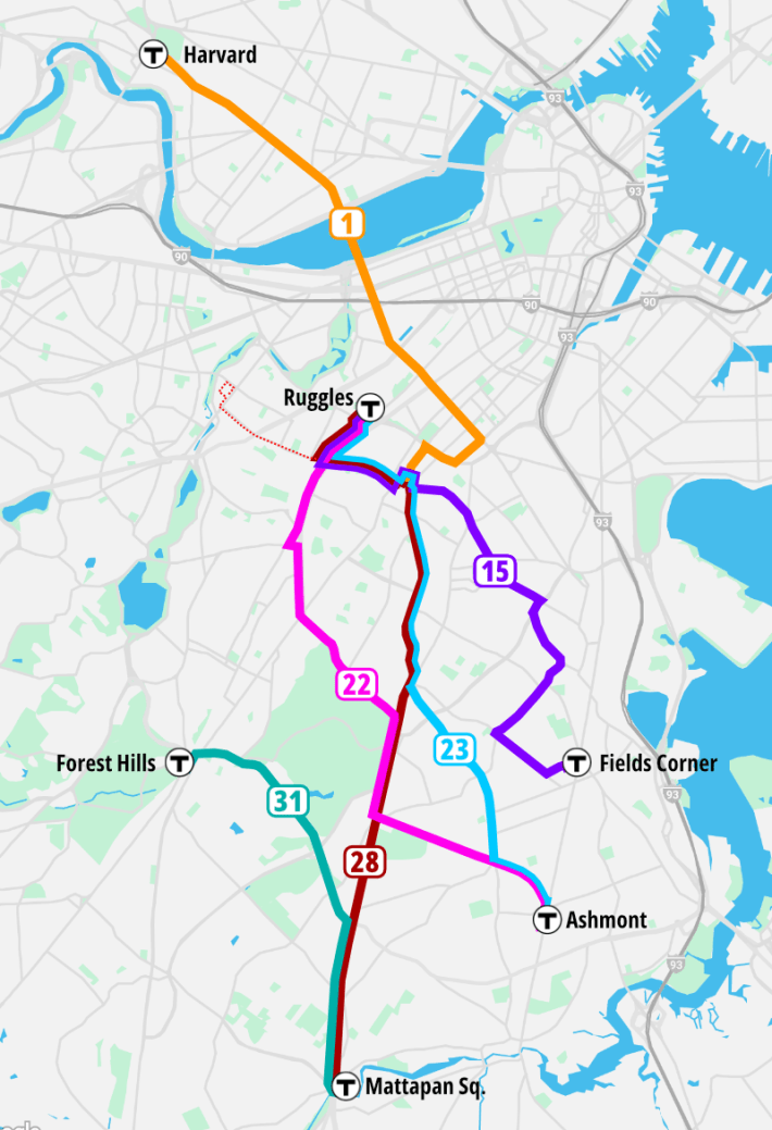 A map of Boston highlighting six bus routes in different colors: the 1, which runs in the top half of the map from Harvard Sq. across the Charles River to Nubian Sq. in the center of the map; the 28, which runs south from Ruggles near the center of the map to Mattapan Sq. at the bottom edge; the 22, which follows a more westerly route from Ruggles to Ashmont in the lower right quadrant; the 15, which runs from Ruggles to Fields Corner in the center right part of the map, and the 31, which runs from Forest Hills near the right edge to Mattapan Sq. at the bottom edge.