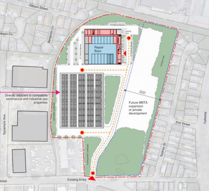 A sketch of a large property outlined in red line surrounded by cul-de-sac suburban residential neighborhoods. In the center are two bus storage buildings occupying the left (western) side of the property.