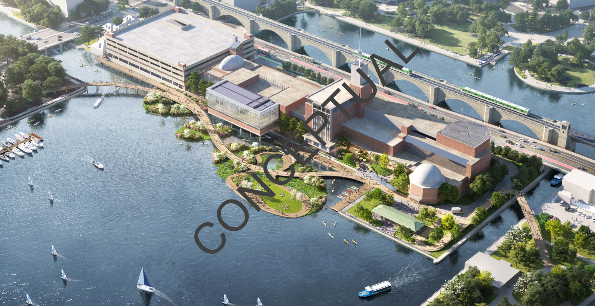 A birds-eye view architectural rendering of a curving path across the Charles River next to the Boston Museum of Science. The word "CONCEPTUAL" is superimposed on top of the image.