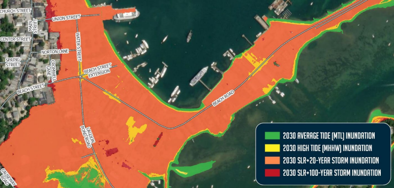An elevation map of Vineyard Haven waterfront areas with color shading from red (lowest elevation) to green (highest elevation). Around Five Corners is in the yellow to orange range, showing low elevation and flood vulnerability.