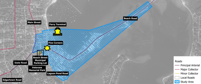 A map highlighting the Five Corners study area in Vineyard Haven, Massachusetts. The blue-striped area shows the study zone of Five Corners.