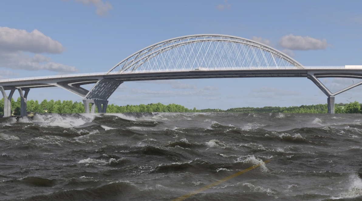 A photo illustration showing MassDOT's rendering of the new Sagamore Bridge, a broad arch spanning a wide canal on top of two v-shaped piers, above a choppy, flooded waterway.