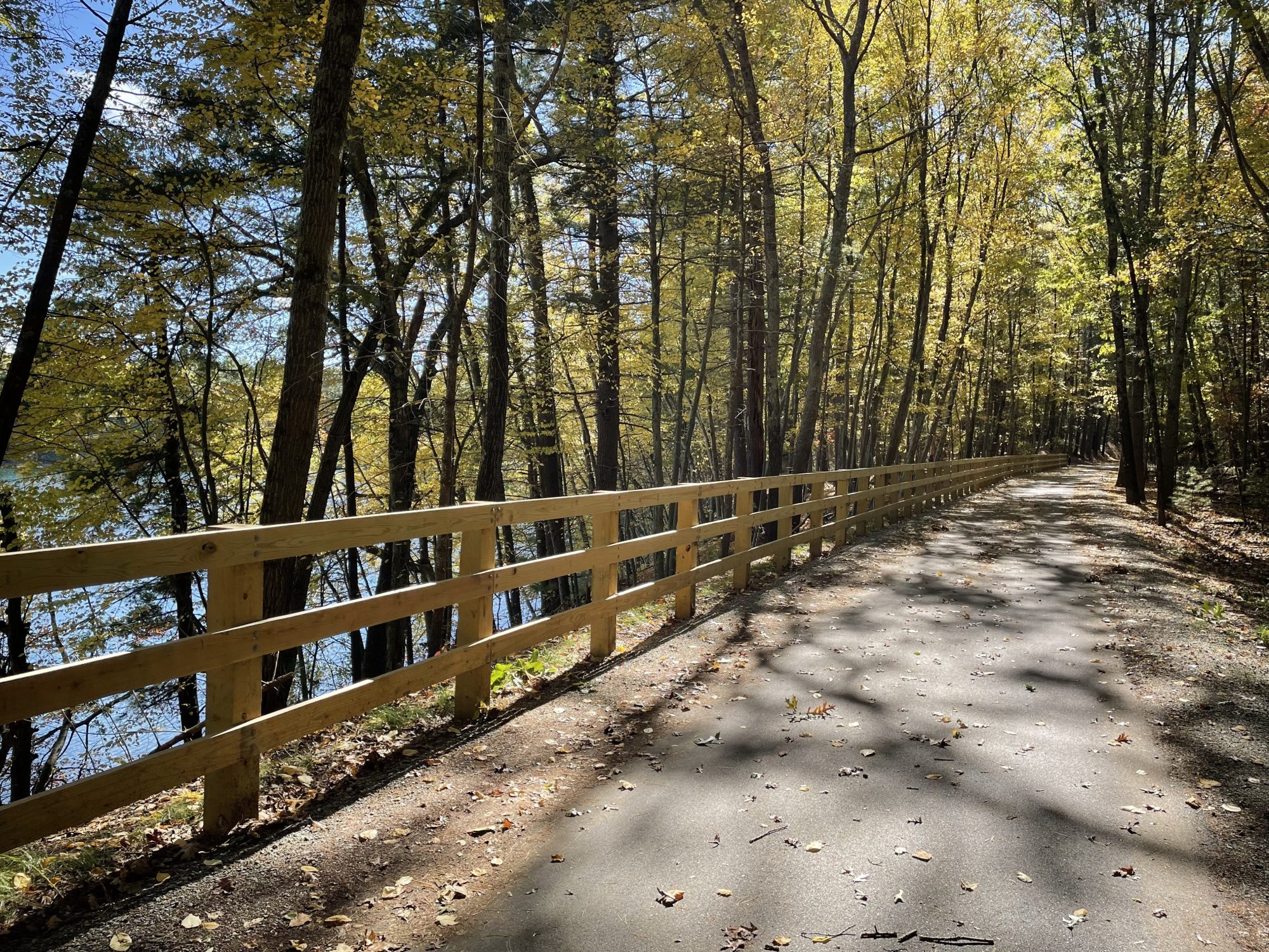 A straight paved trail runs alongside a wooden fence through the autumn woods. To the left, through the trees, a small lake is visible.