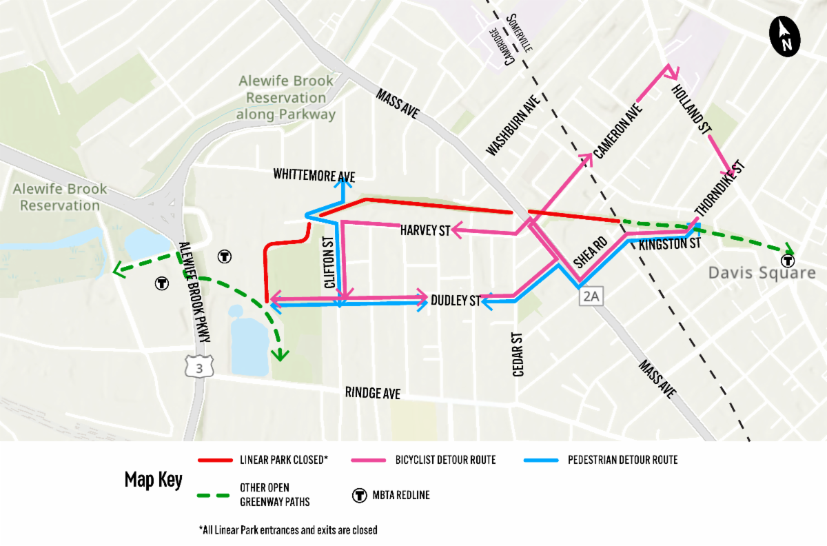 A map highlighting detour routes around a closure of the Linear Park in Cambridge. Davis Sq. is on the right edge of the map; Alewife is on the left. A blue line representing the pedestrian detour route follows Dudley St. from Alewife to Mass. Ave., then Kingston St. north of Mass. Ave. Pink lines for bike detour routes follow Dudley St. for eastbound traffic and Harvey St. for westbound traffic.