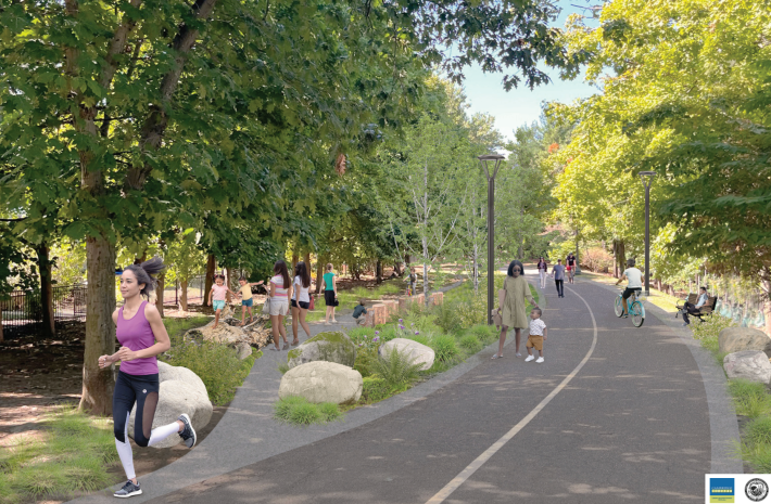 A rendering of people running and walking along a paved shared-use path lined with boulders and curving gently under a canopy of mature deciduous trees.