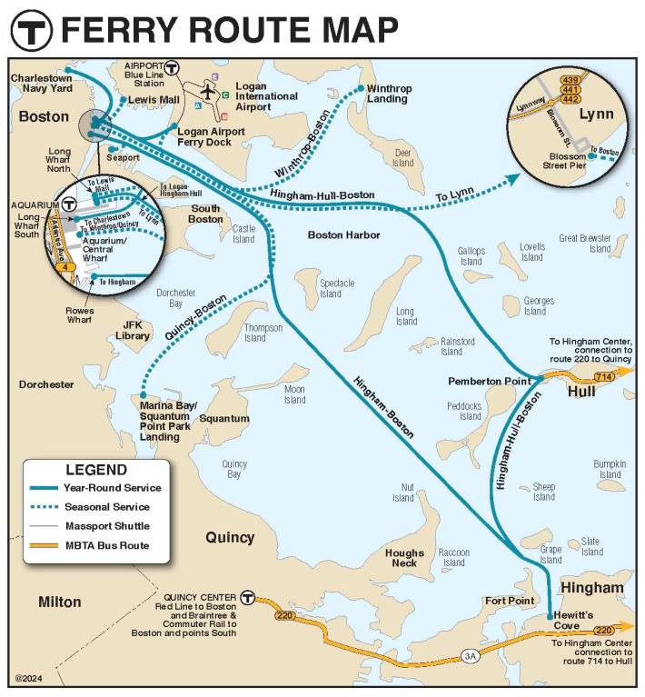 A map of the Massachusetts Bay Transportation Authority (MBTA) ferry routes, highlighting routes from Boston to Hingham, Hull, and Lynn, with additional seasonal and shuttle services.