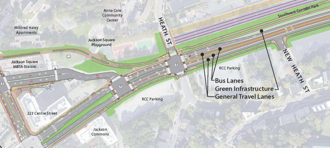 A diagram superimposed over a satellite photo of a street with center-running bus lanes, with the Jackson Sq. MBTA station at left and New Heath St. at right.