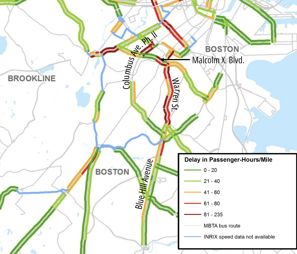 A map of Roxbury and Mattapan in Boston highlighting in shades of green, yellow, and red the degree to which city buses are delayed on key streets. Labelled are Blue Hill Ave., which is mostly light green and yellow with one red section in the lower portion of the map, Columbus Ave. in the upper center, which is light green and yellow except for a deep red section near Ruggles, and Warren Street, colored deep red and orange in the center of the map. Red hues indicate delays of over 60 passenger-hours per mile; light green highlights indicate delays of 21-40 hours per mile. 