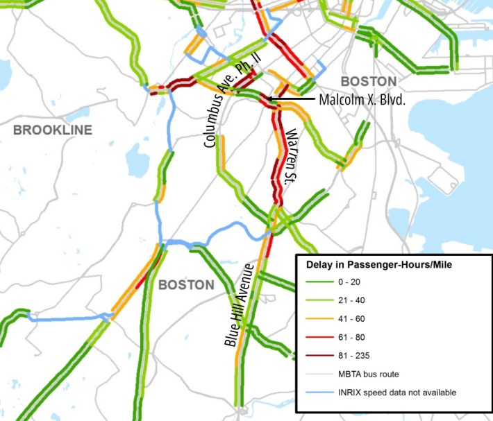 A map of Roxbury and Mattapan in Boston highlighting in shades of green, yellow, and red the degree to which city buses are delayed on key streets. Labelled are Blue Hill Ave., which is mostly light green and yellow with one red section in the lower portion of the map, Columbus Ave. in the upper center, which is light green and yellow except for a deep red section near Ruggles, and Warren Street, colored deep red and orange in the center of the map. Red hues indicate delays of over 60 passenger-hours per mile; light green highlights indicate delays of 21-40 hours per mile.