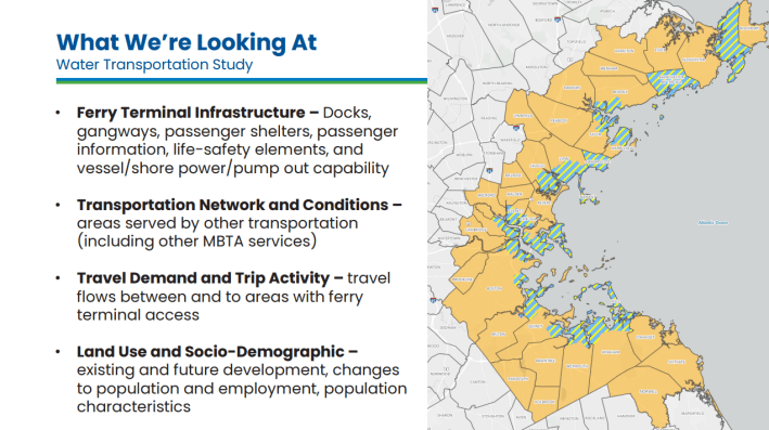 A slide titled “What We’re Looking At” with bullet points regarding ferry terminal infrastructure, network conditions, and trip activity. A map showing coastal Massachusetts communities is featured on the right.