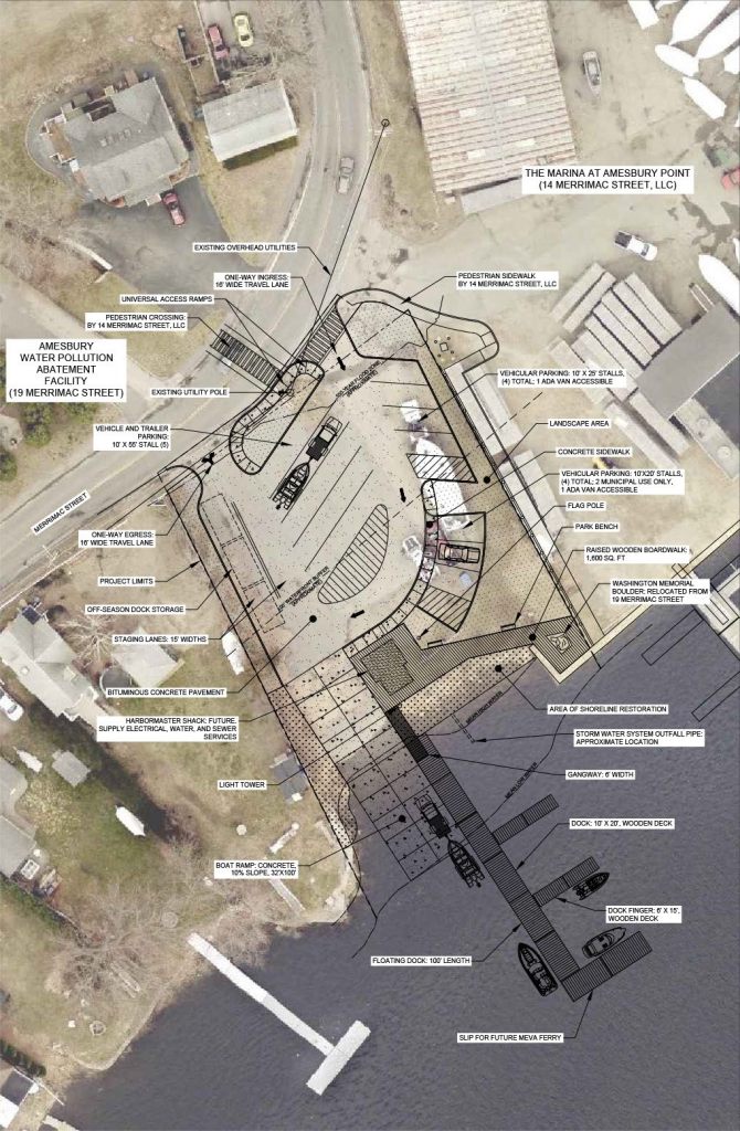 An aerial site plan showing the layout of a marina redevelopment area. The plan includes parking, sidewalks, a concrete boat ramp, floating docks, shoreline restoration zones, and a space designated for the MEVA ferry service.