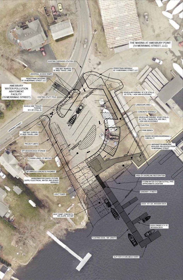 An aerial site plan showing the layout of a marina redevelopment area. The plan includes parking, sidewalks, a concrete boat ramp, floating docks, shoreline restoration zones, and a space designated for the MEVA ferry service.