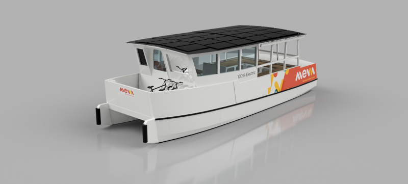 3D rendering of an electric passenger ferry with a catamaran-style hull, large cabin windows, rooftop solar panels, and a small open deck area with space for bicycles. Lettering on the side reads "MEVA" and "100% Electric" with a yellow, orange, and green geometric design.