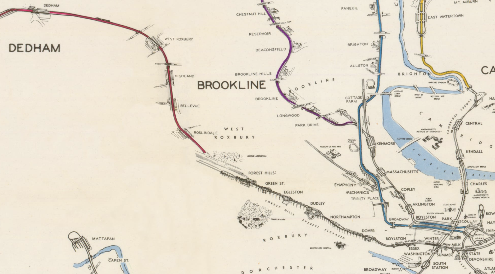 A historic hand-drawn map of subway lines and stations in Boston and Brookline, showing a proposed extension of the old Forest Hills elevated rail line into Roslindale, West Roxbury, and Dedham.