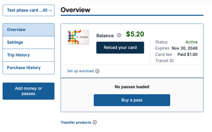 A website screenshot. A heading reads "Overview" over a small image of an MBTA fare payment card and the words "Balance: $5.20". A button below that reads "Reload your card" and a second button below that reads "Buy a pass." A menu to the right offers additional options: "Overview (highlighted), Settings, Trip History, and Purchase History"