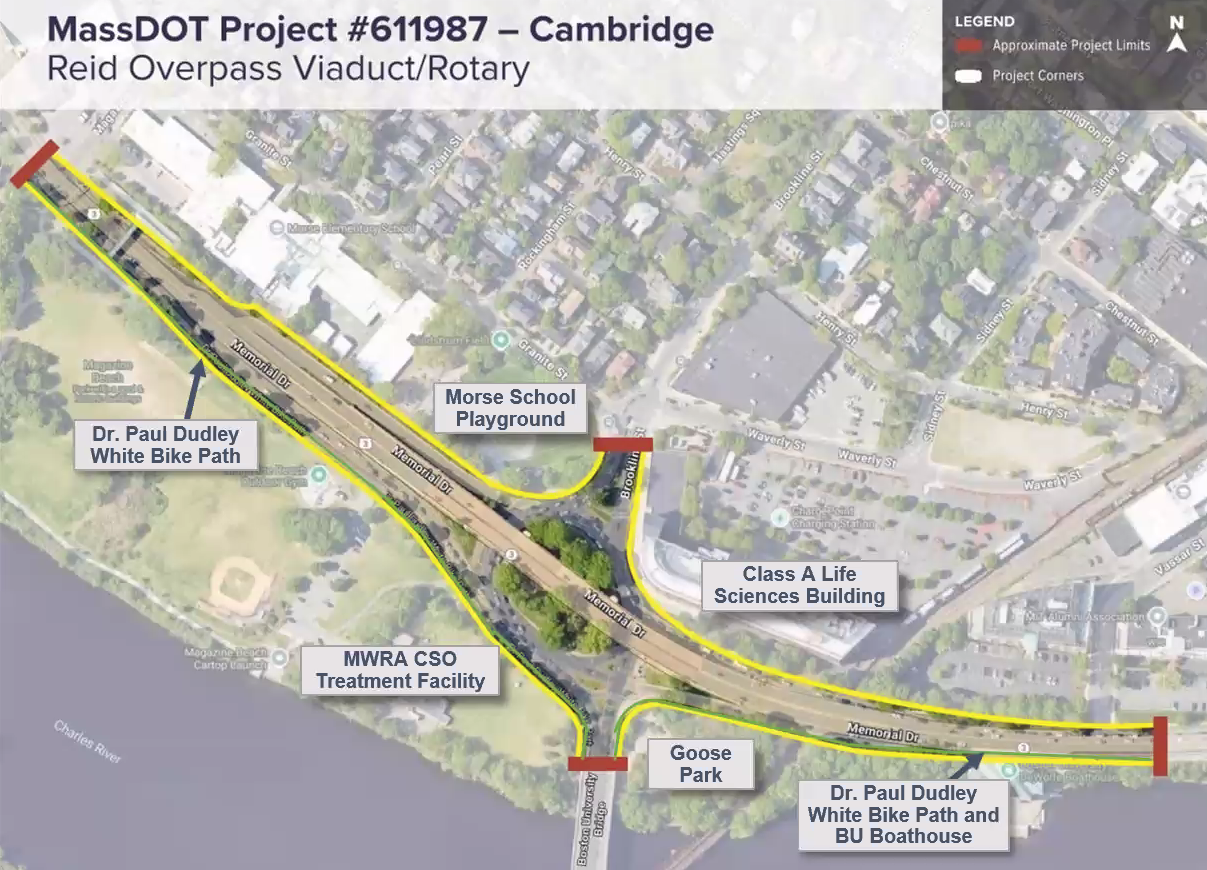 An aerial map of the Reid Overpass Viaduct and Memorial Drive rotary area in Cambridge, Massachusetts, highlighting project boundaries and notable infrastructure including the Dr. Paul Dudley White Bike Path, Morse School Playground, MRWA CSO Treatment Facility, Goose Park, Class A Life Sciences Building, and the B.U. Boathouse.