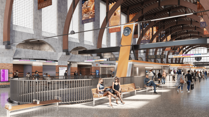 An interior rendering of the Back Bay station concourse, showing high vaulted ceilings, large windows, and wooden benches where people are sitting. Signage for Tracks 5 and 7 is visible in the background.