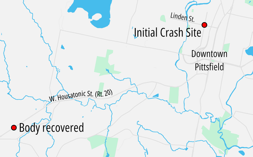 Locator map showing Pittsfield MA, with downtown labelled on the right edge of the map, and W. Housatonic St. (Rt. 20) running horizontally across the center. A red dot in the upper right on Linden St. is labelled "initial crash site"; another red dot along W. Housatonic in the lower left corner of the map, several miles away, is labelled "body recovered"