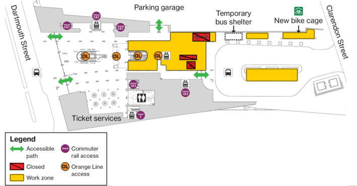 A floor plan of Back Bay Station that uses a color-coded legend to show work zones in yellow, closed areas in red, and accessible paths with green arrows.