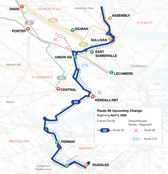 A map of the new 85 bus route in Fenway (at the bottom of the map), Cambridge (center) and East Somerville (top). The route follows a zig-zag course from the Ruggles Orange Line station at the bottom of the map, to the Fenway Green Line station, to the Kendall/MIT red line station, then to the Union Sq. and East Somerville Green Line stops, before ending near the Assembly Orange Line station at the top of the map.