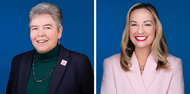 A diptych of two smiling white women in business suits. On the left is a middle-aged woman with short salt-and-pepper hair. On the right is a blonde woman with shoulder-length hair.
