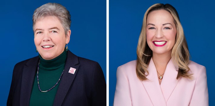 A diptych of two smiling white women in business suits. On the left is a middle-aged woman with short salt-and-pepper hair. On the right is a blonde woman with shoulder-length hair.