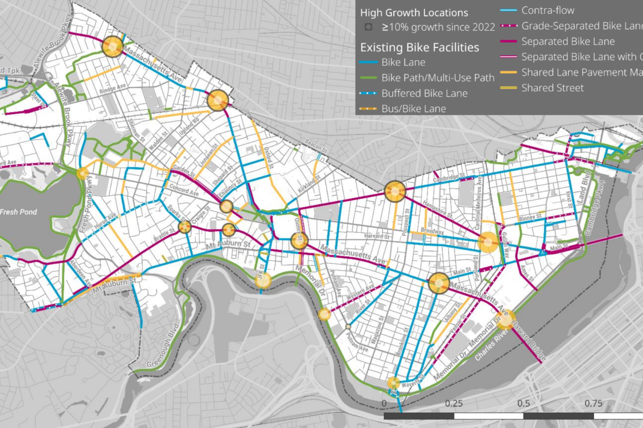A map of Cambridge showing bike infrastructure (colored lines) and yellow dots that indicate bike traffic count volumes. The biggest yellow dots are located along Mass. Ave. and Hampshire Street where there are protected bike lanes.