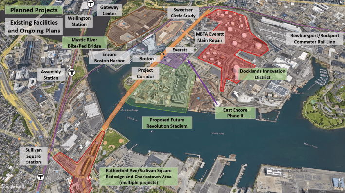 An aerial planning map overlaying the Lower Broadway/Alford Street Transit Priority Corridor project, along with nearby planned projects and existing facilities around Sullivan Square, Everett, and the Mystic River. The project is represented by an orange highlight across the bridge, and other project areas are highlighted in red and purple. A green label reads "Planned Projects" and a gray label reads "Existing Facilities and Ongoing Plans" to identify the status of projects in this area.