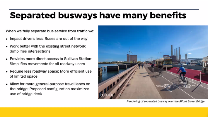 A slide titled "Separated busways have many benefits" and lists five advantages of fully separating buses from traffic. On the right is an image rendering of a bridge with a bus-only lane, protected bikeway, and sidewalk.