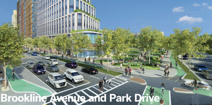 A rendering of a proposed high-rise lab building on Brookline Avenue in the Fenway shows proposed new two-way bike paths (lower right) that would provide a protected connection between the Fenway neighborhood to Longwood, via Brookline Avenue, and to the Riverway. Courtesy of the BPDA.